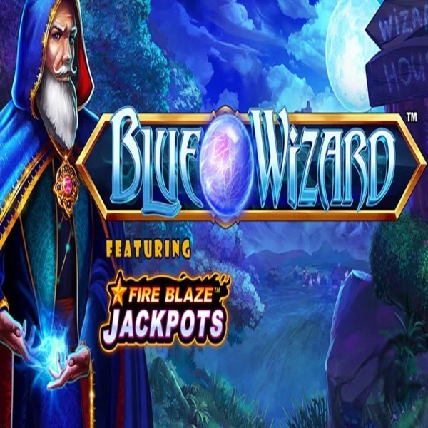 Blue Wizard Fire Blaze Jackpots slot logo by Rarestone Gaming at Duffspin Casino